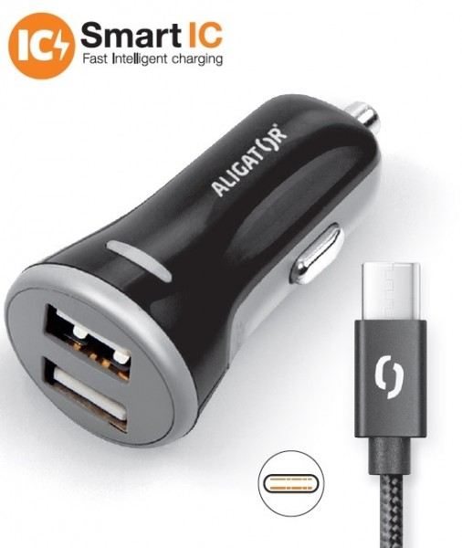 Obrázek ALIGATOR Chytrá nabíječka do auta 3.4A, 2xUSB, smart IC, černá, USB-C kabel