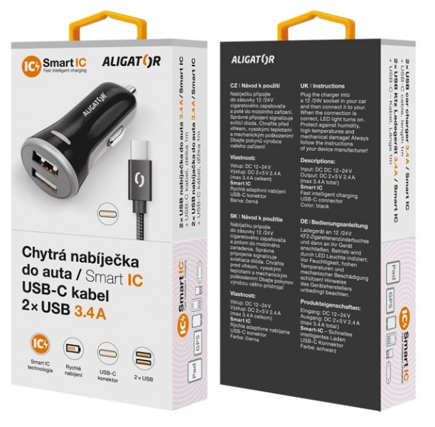 Obrázek ALIGATOR Chytrá nabíječka do auta 3.4A, 2xUSB, smart IC, černá, USB-C kabel