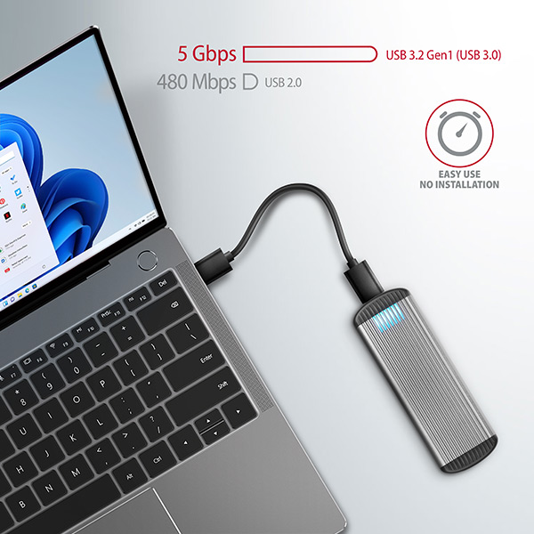 Obrázek AXAGON EEM2-SA, USB micro-B 3.2 Gen 1 - M.2 SATA SSD kovový RIBBED box, bezšroubkový