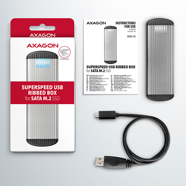 Obrázek AXAGON EEM2-SA, USB micro-B 3.2 Gen 1 - M.2 SATA SSD kovový RIBBED box, bezšroubkový