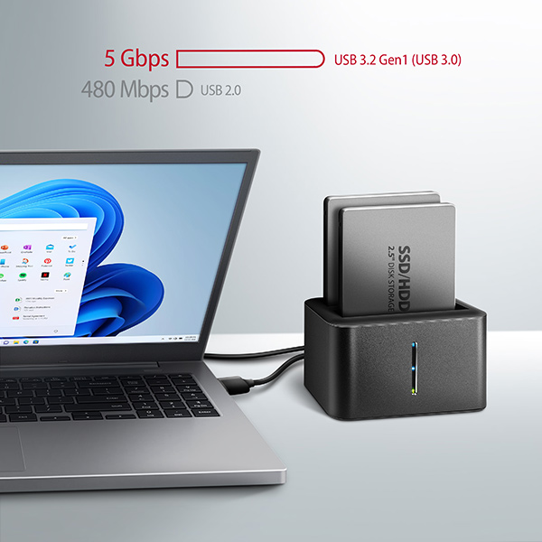 Obrázek AXAGON ADSA-D25, USB 3.2 Gen 1 - 2x SATA 6G 2.5" SSD/HDD CLONE MINI dokovací stanice