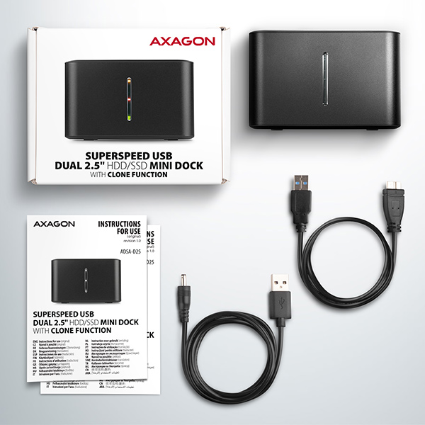 Obrázek AXAGON ADSA-D25, USB 3.2 Gen 1 - 2x SATA 6G 2.5" SSD/HDD CLONE MINI dokovací stanice