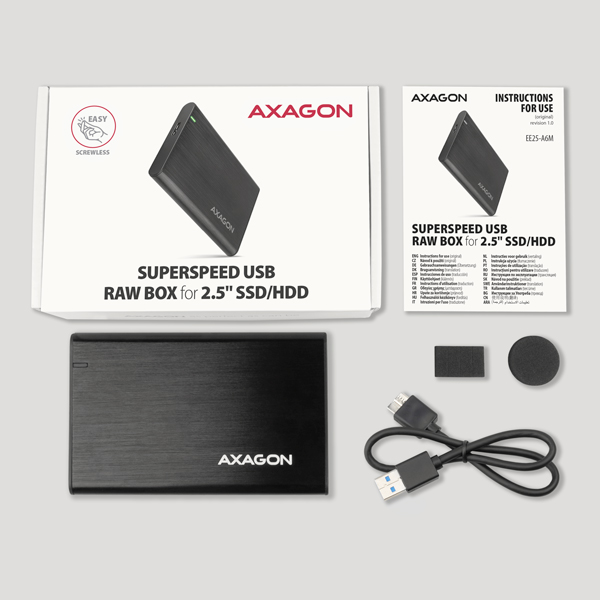 Obrázek AXAGON EE25-A6M, USB 3.2 Gen 1 - SATA 6G 2.5" kovový RAW box, bezšroubkový