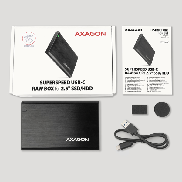 Obrázek AXAGON EE25-A6C, USB-C 3.2 Gen 1 - SATA 6G 2.5" kovový RAW box, bezšroubkový