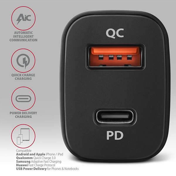 Obrázek AXAGON PWC-PQ38, PD & QUICK nabíječka do auta 38W, 2x port (USB + USB-C), PD3.0/QC3.0/AFC/FCP/Apple
