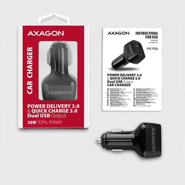 Obrázek AXAGON PWC-PQ38, PD & QUICK nabíječka do auta 38W, 2x port (USB + USB-C), PD3.0/QC3.0/AFC/FCP/Apple