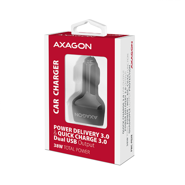 Obrázek AXAGON PWC-PQ38, PD & QUICK nabíječka do auta 38W, 2x port (USB + USB-C), PD3.0/QC3.0/AFC/FCP/Apple