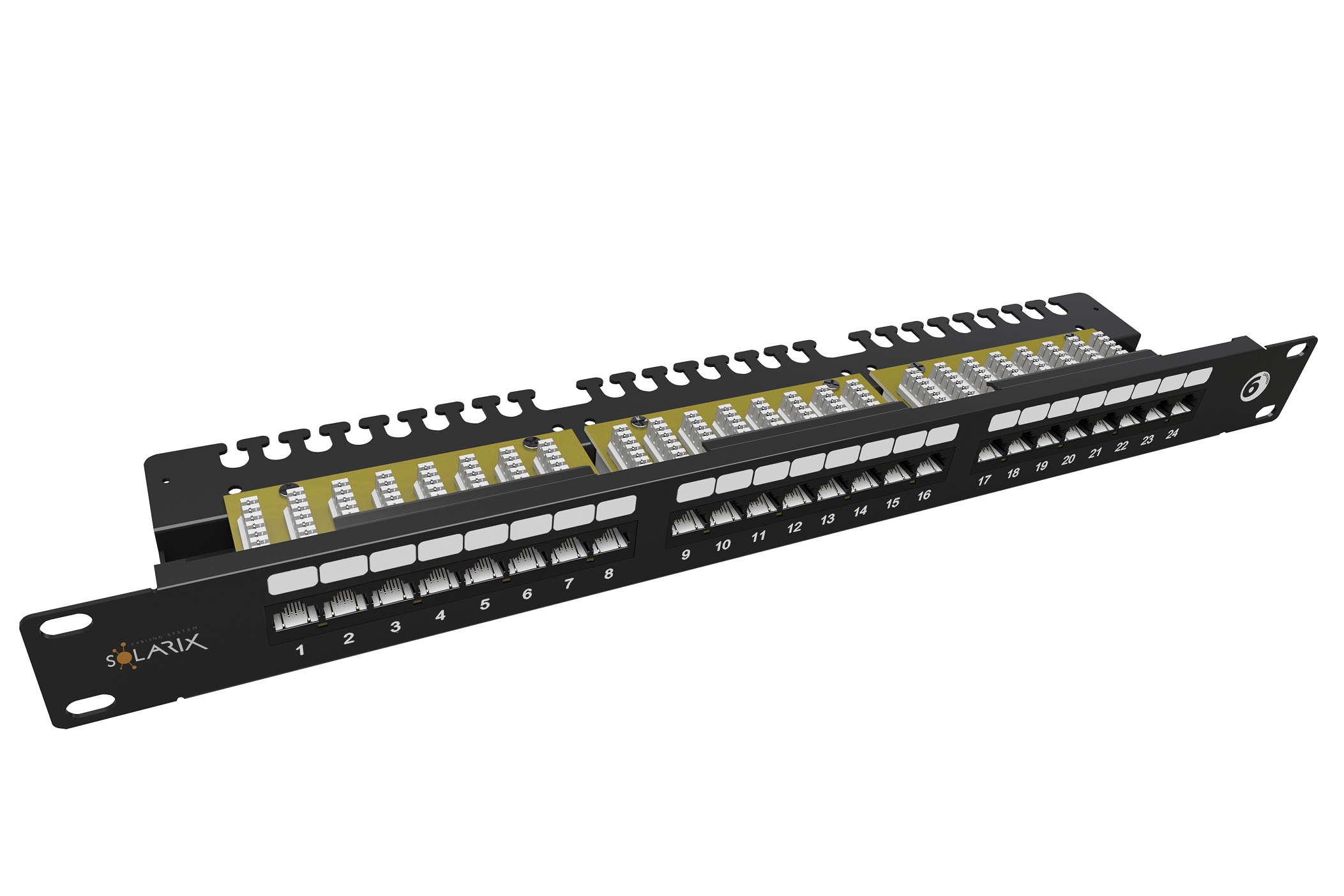 Obrázek 19" patch panel Solarix 24 x RJ45 CAT6 UTP s vyvazovací lištou 1U SX24L-6-UTP-BK-N