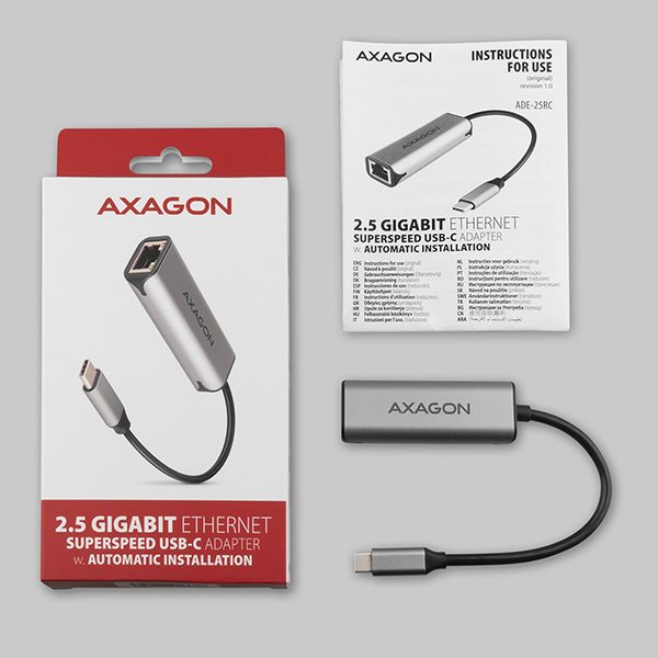 Obrázek AXAGON ADE-25RC USB-A 3.2 Gen 1 - 2.5 Gigabit Ethernet síťová karta, Realtek 8156, auto install,šedá