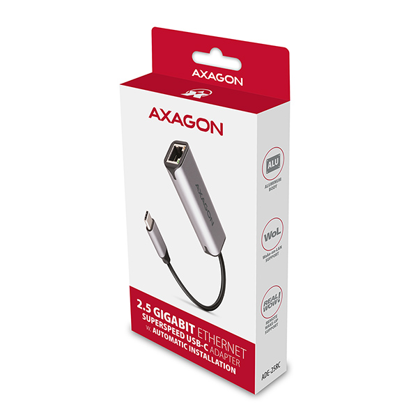 Obrázek AXAGON ADE-25RC USB-A 3.2 Gen 1 - 2.5 Gigabit Ethernet síťová karta, Realtek 8156, auto install,šedá