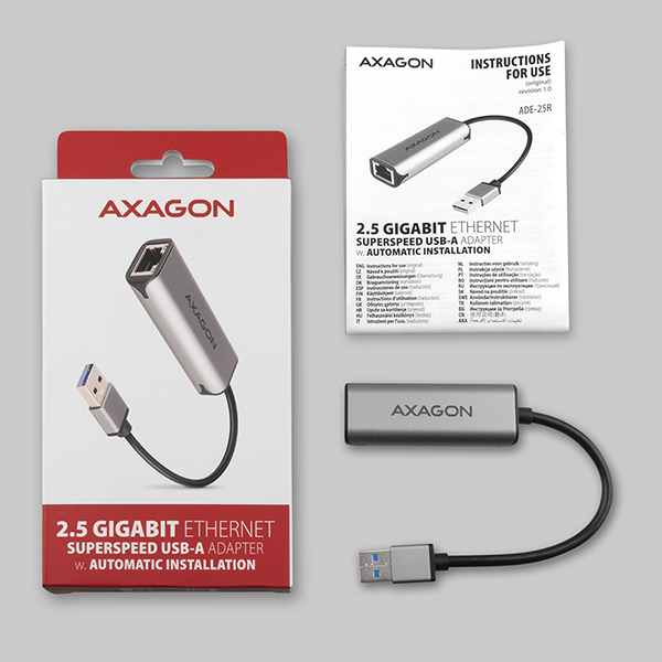 Obrázek AXAGON ADE-25R USB-A 3.2 Gen 1 - 2.5 Gigabit Ethernet síťová karta, Realtek 8156, auto install, šedá