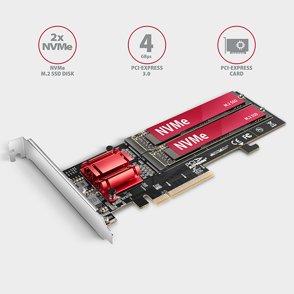 Obrázek AXAGON PCEM2-ND, PCIe x8 řadič - 2x M.2 NVMe M-key slot, RAID, podpora desek bez bifurkace, vč. LP