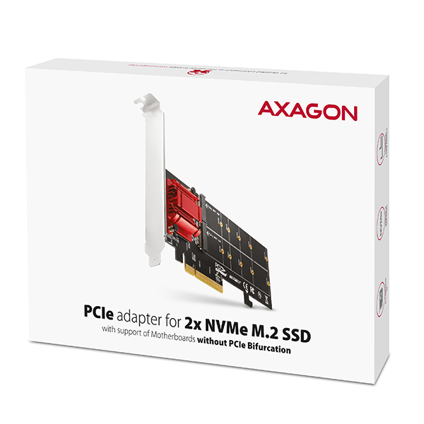 Obrázek AXAGON PCEM2-ND, PCIe x8 řadič - 2x M.2 NVMe M-key slot, RAID, podpora desek bez bifurkace, vč. LP