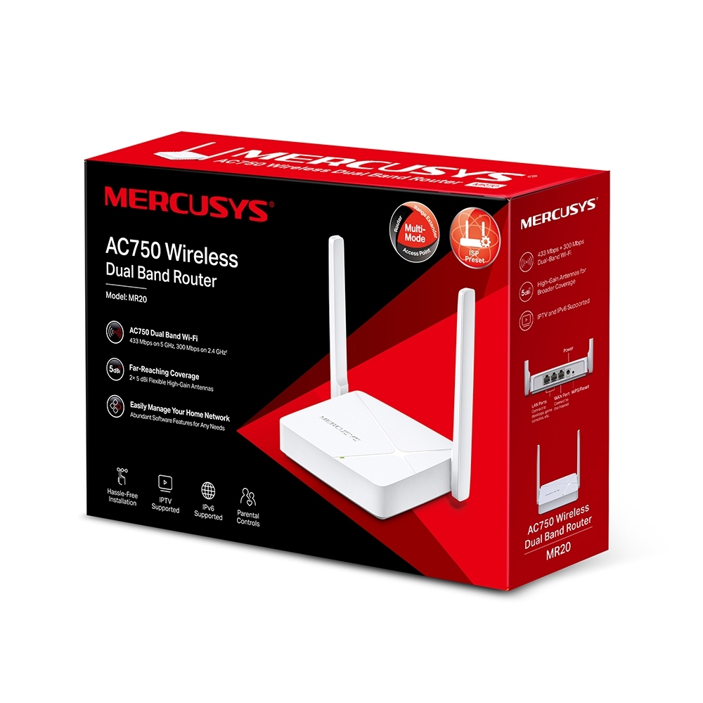 Obrázek Mercusys MR20 AC750 Wifi Router Dual Band Wifi Router, 3x10/100 RJ45, 2x anténa