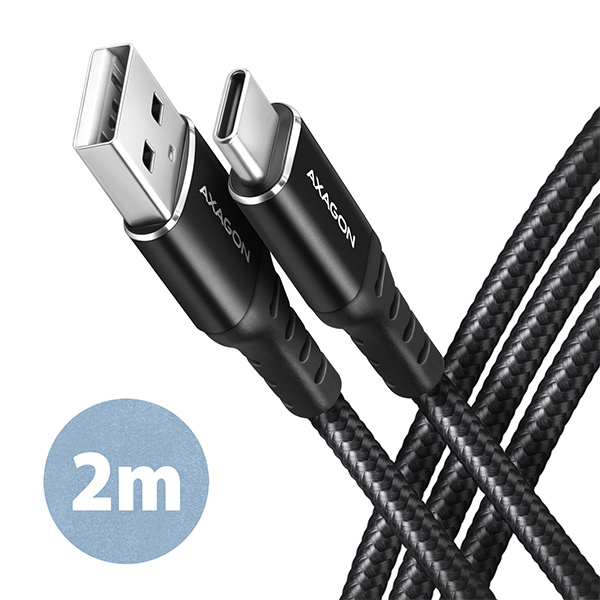 Obrázek AXAGON BUCM-AM20AB, HQ kabel USB-C <-> USB-A, 2m, USB 2.0, 3A, ALU, oplet, černý
