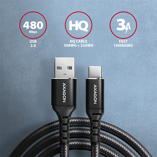 Obrázek AXAGON BUCM-AM15AB, HQ kabel USB-C <-> USB-A, 1.5m, USB 2.0, 3A, ALU, oplet, černý