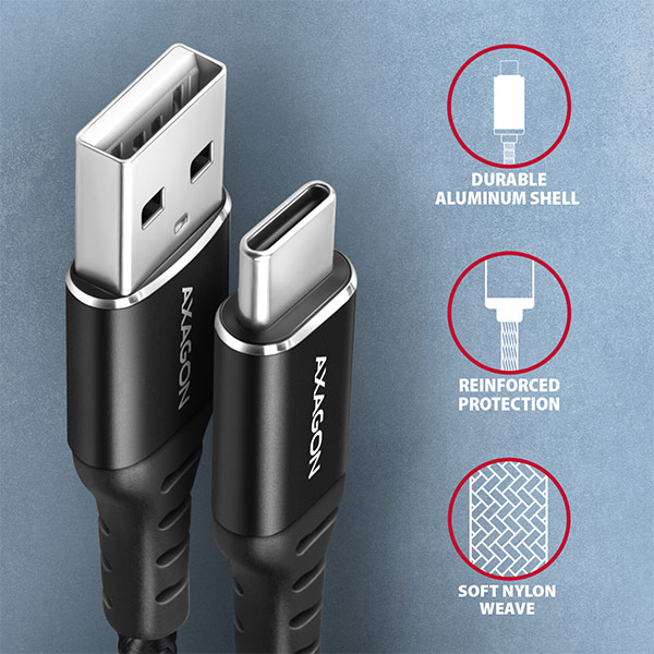 Obrázek AXAGON BUCM-AM15AB, HQ kabel USB-C <-> USB-A, 1.5m, USB 2.0, 3A, ALU, oplet, černý
