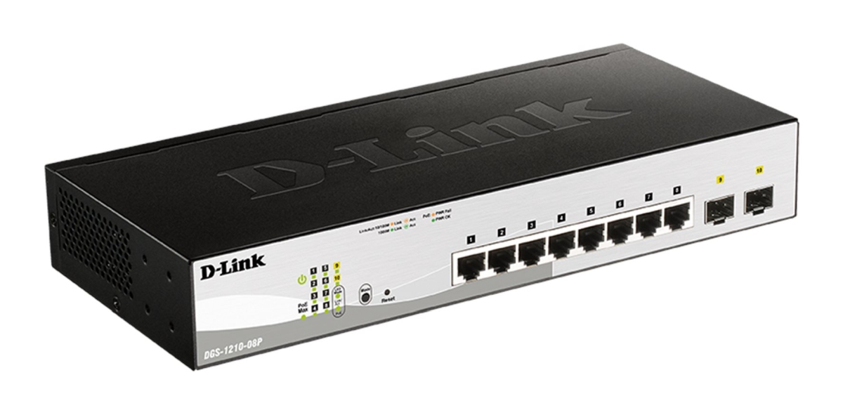 Obrázek D-Link DGS-1210-08P Smart PoE switch, 8x GbE PoE+, 2x SFP, PoE 65W, fanless