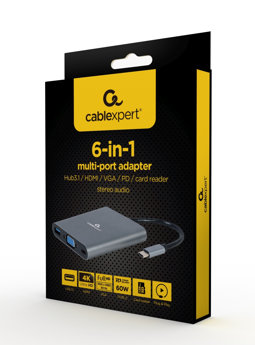 Obrázek Gembird USB-C 6v1 multiport USB 3.1 + HDMI + VGA + PD + čtečka karet + stereo audio