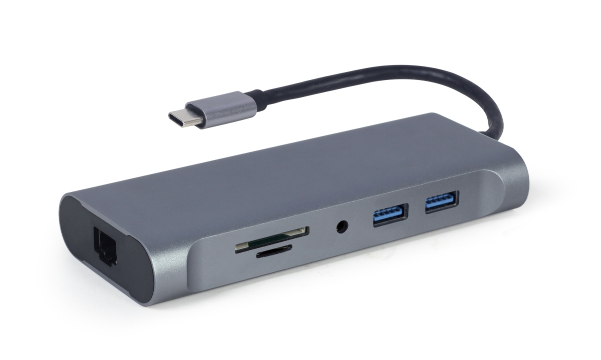 Obrázek Gembird USB-C 7v1 multiport USB 3.0 + HDMI + VGA + PD + čtečka karet + stereo audio