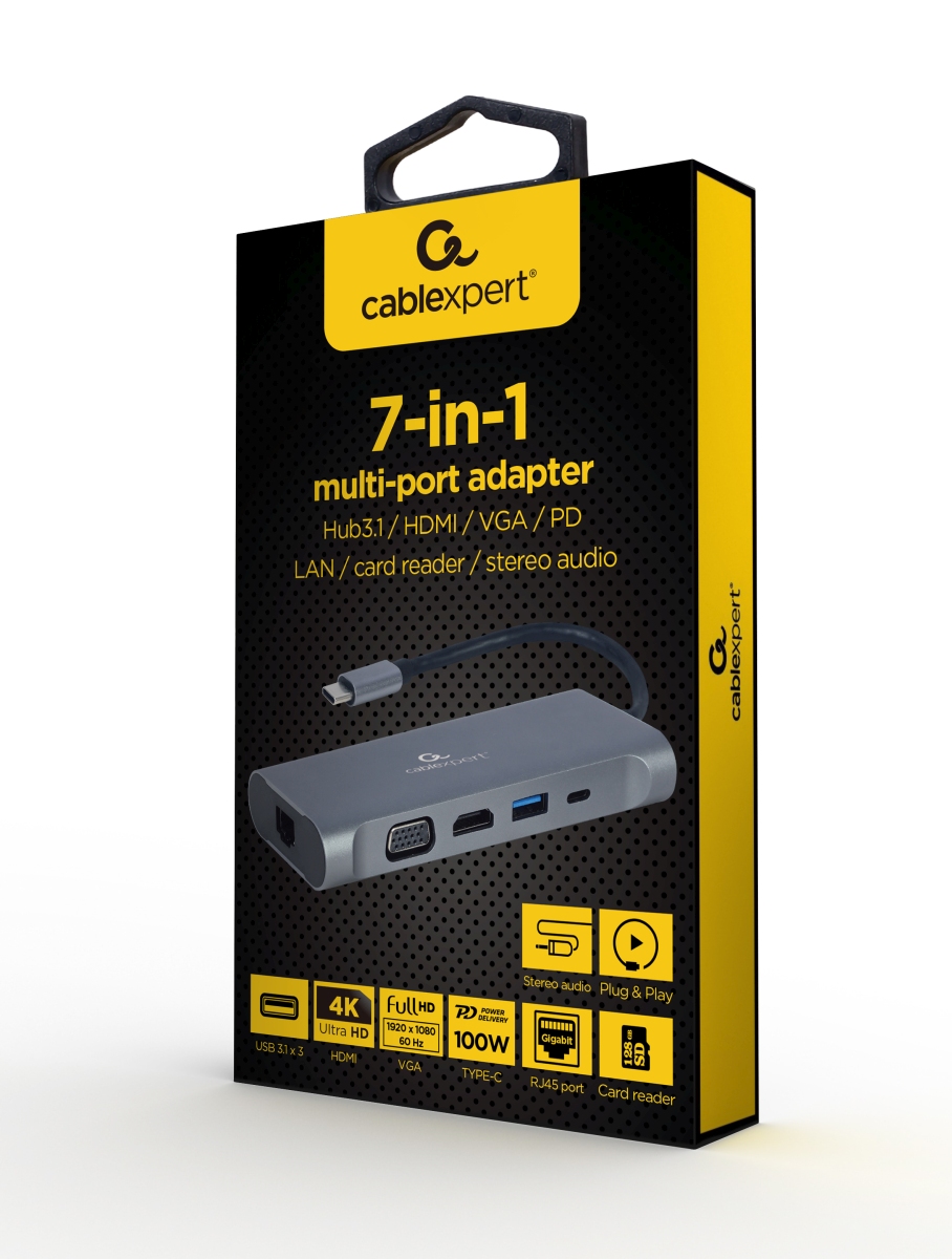 Obrázek Gembird USB-C 7v1 multiport USB 3.0 + HDMI + VGA + PD + čtečka karet + stereo audio