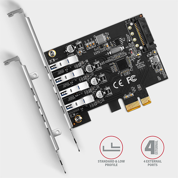 Obrázek AXAGON PCEU-43RS, PCIe řadič, 4x USB 3.2 Gen 1 port, 5 Gbps, napájení z PCIe nebo SATA, SP & LP