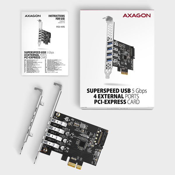 Obrázek AXAGON PCEU-43RS, PCIe řadič, 4x USB 3.2 Gen 1 port, 5 Gbps, napájení z PCIe nebo SATA, SP & LP