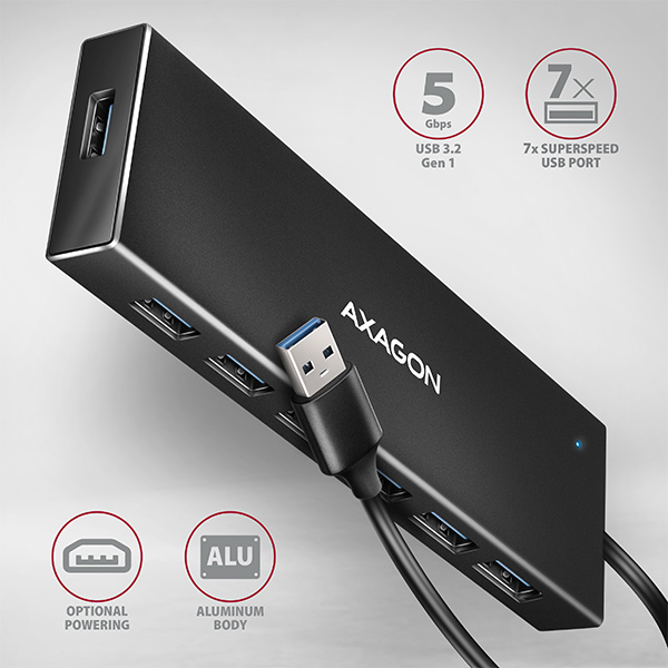 Obrázek AXAGON HUE-F7A, 7x USB 3.2 Gen 1 ALU FLAT CHARGING hub, micro USB napájecí konektor, kabel USB-A 1m