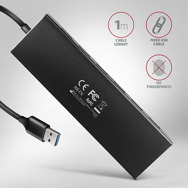 Obrázek AXAGON HUE-F7A, 7x USB 3.2 Gen 1 ALU FLAT CHARGING hub, micro USB napájecí konektor, kabel USB-A 1m