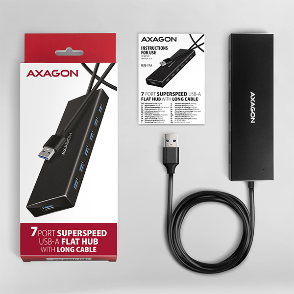 Obrázek AXAGON HUE-F7A, 7x USB 3.2 Gen 1 ALU FLAT CHARGING hub, micro USB napájecí konektor, kabel USB-A 1m