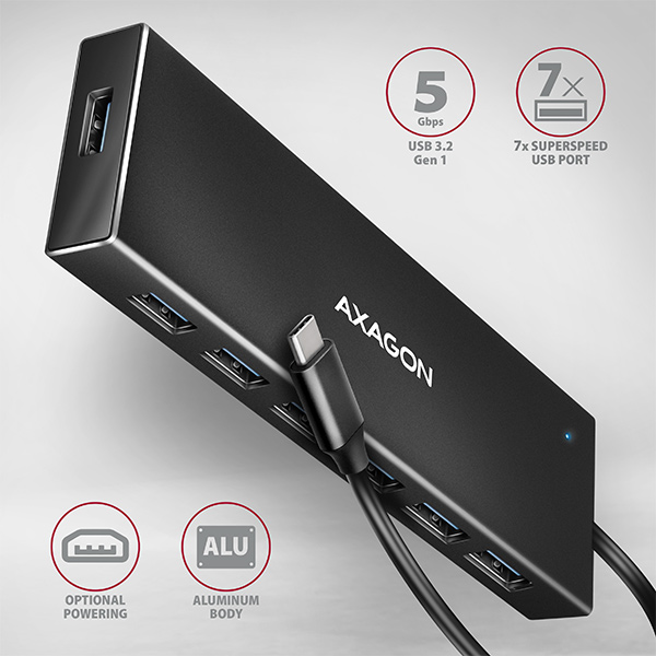 Obrázek AXAGON HUE-F7C, 7x USB 3.2 Gen 1 ALU FLAT CHARGING hub, micro USB nap. konektor, kabel USB-C 30cm