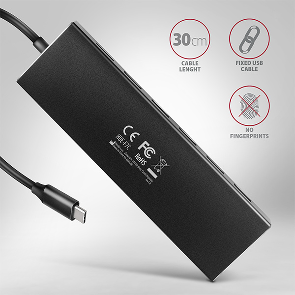 Obrázek AXAGON HUE-F7C, 7x USB 3.2 Gen 1 ALU FLAT CHARGING hub, micro USB nap. konektor, kabel USB-C 30cm