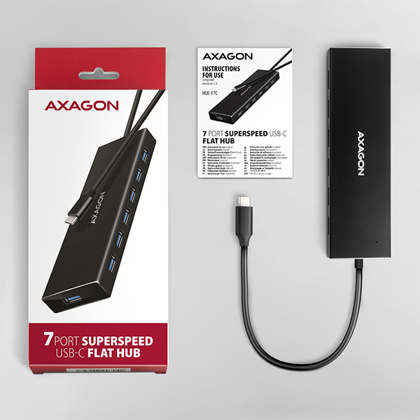 Obrázek AXAGON HUE-F7C, 7x USB 3.2 Gen 1 ALU FLAT CHARGING hub, micro USB nap. konektor, kabel USB-C 30cm