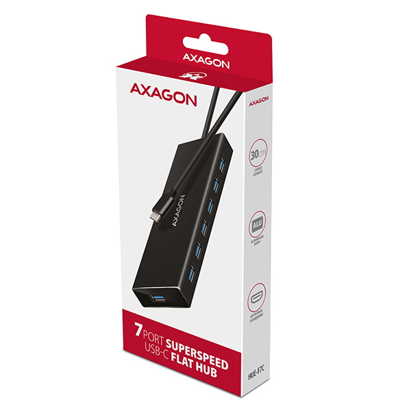 Obrázek AXAGON HUE-F7C, 7x USB 3.2 Gen 1 ALU FLAT CHARGING hub, micro USB nap. konektor, kabel USB-C 30cm