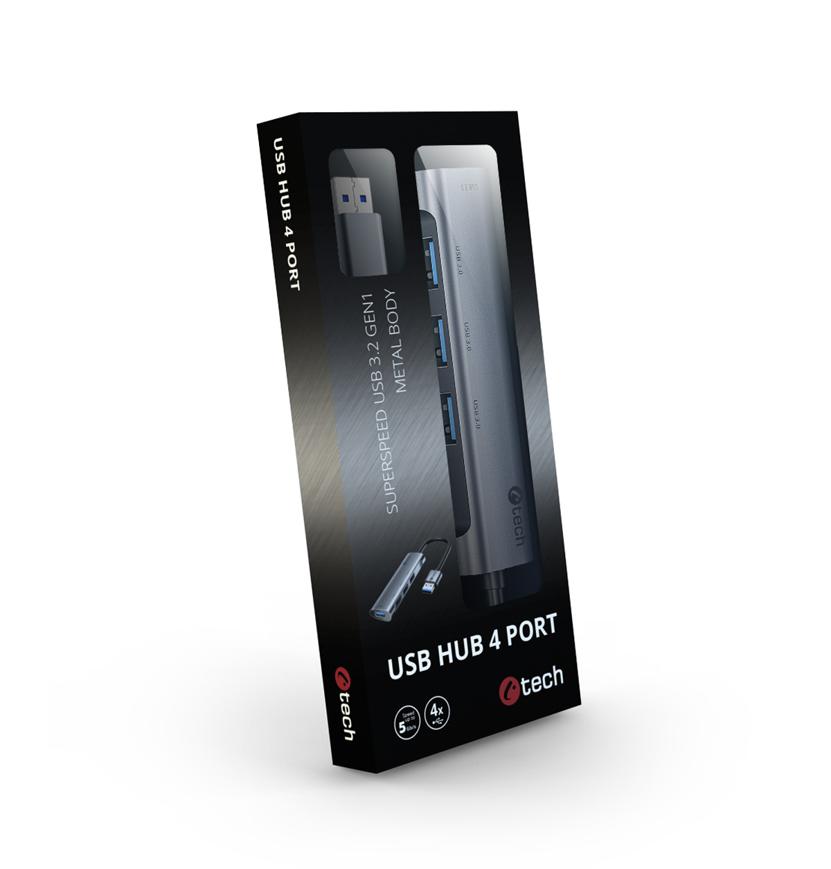 Obrázek HUB USB C-tech UHB-U3-AL, 4x USB 3.2 Gen 1, hliníkové tělo