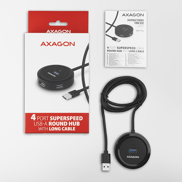 Obrázek AXAGON HUE-P1AL, 4x USB 3.2 Gen 1 ROUND hub, micro USB napájecí konektor, kabel USB-A 1.2m