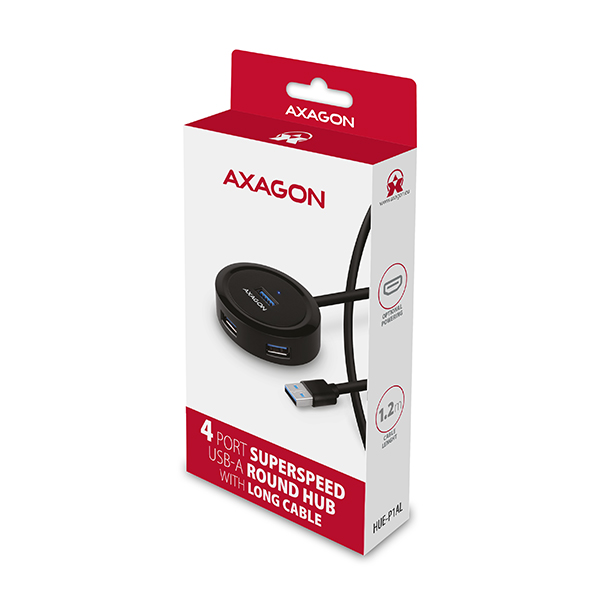 Obrázek AXAGON HUE-P1AL, 4x USB 3.2 Gen 1 ROUND hub, micro USB napájecí konektor, kabel USB-A 1.2m