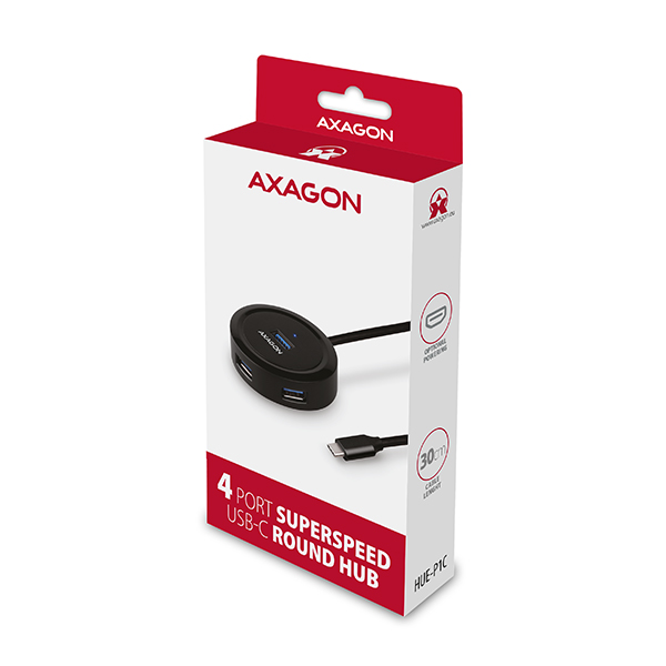 Obrázek AXAGON HUE-P1C, 4x USB 3.2 Gen 1 ROUND hub, micro USB napájecí konektor, kabel USB-C 30cm