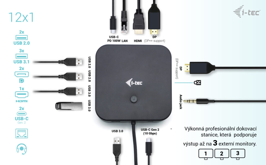 Obrázek i-tec USB-C HDMI + Dual DP Docking Station, Power Delivery 100W + zdroj 112W