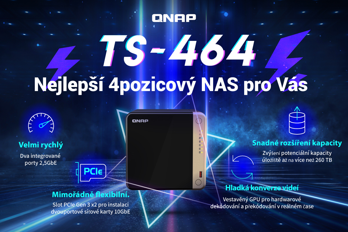Obrázek QNAP TS-464-8G (4core 2,9GHz, 8GB RAM, 4xSATA, 2x M.2 NVMe slot, 1xPCIe, 1xHDMI 4K, 2x2,5GbE, 4xUSB)