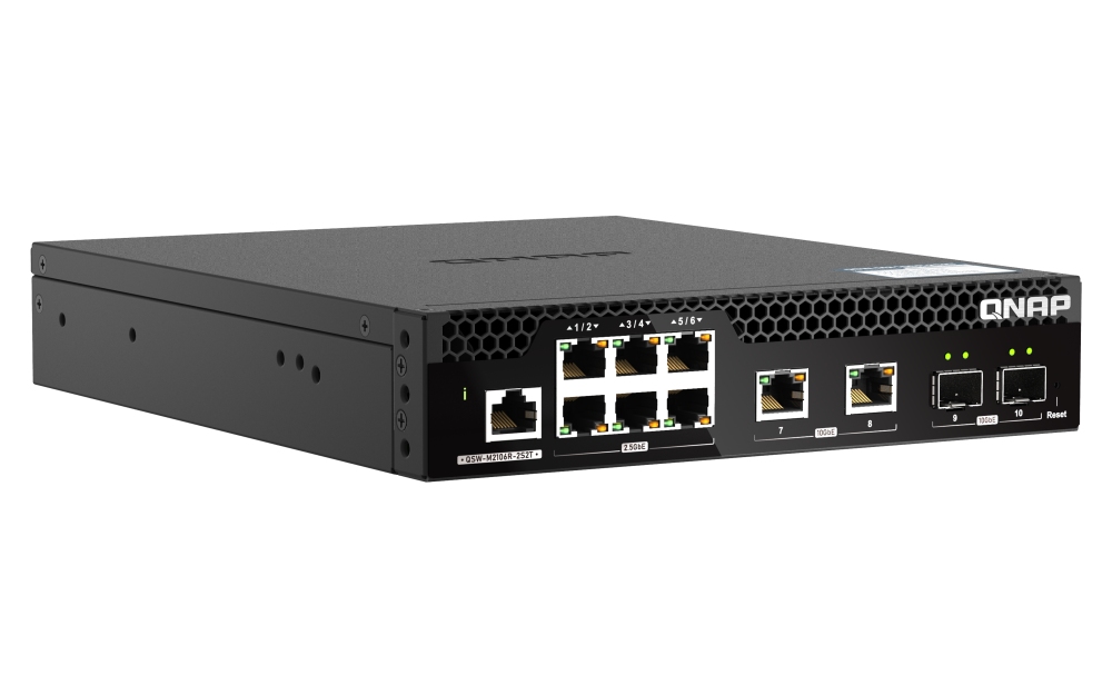 Obrázek QNAP řízený PoE++ switch QSW-M2106PR-2S2T (6x 2,5GbE RJ45, 2x 10GbE RJ45, 2x 10GbE SFP+, malá šířka)