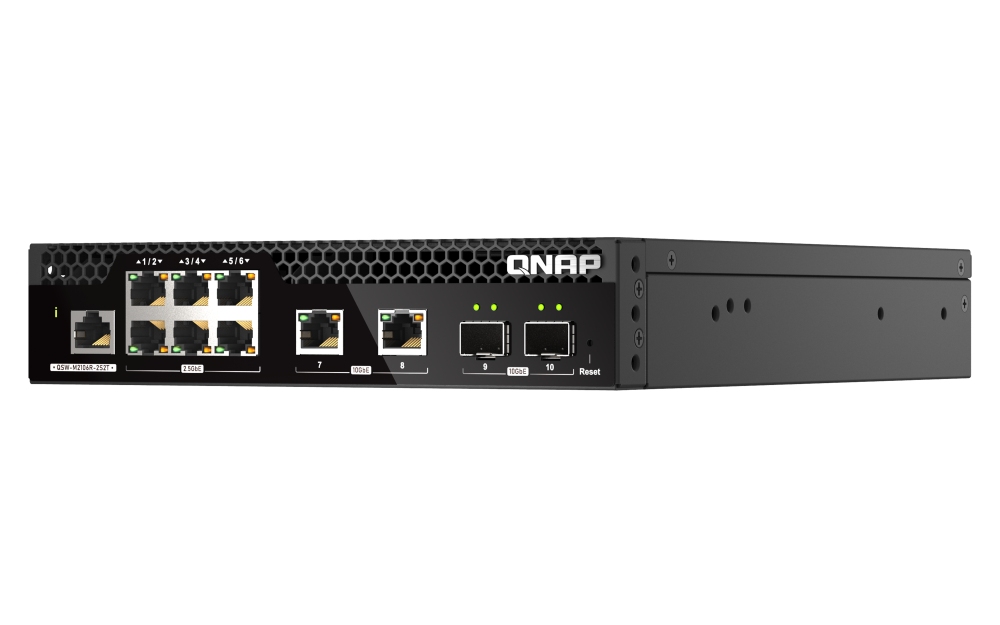 Obrázek QNAP řízený PoE++ switch QSW-M2106PR-2S2T (6x 2,5GbE RJ45, 2x 10GbE RJ45, 2x 10GbE SFP+, malá šířka)