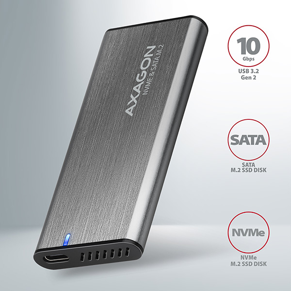 Obrázek AXAGON EEM2-SB2, USB-C 3.2 Gen 2 - M.2 NVMe & SATA SSD kovový RAW box, bezšroubkový, černý