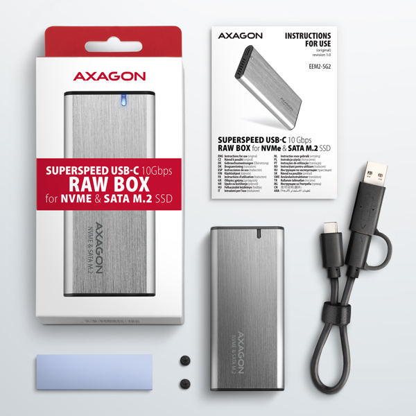 Obrázek AXAGON EEM2-SB2, USB-C 3.2 Gen 2 - M.2 NVMe & SATA SSD kovový RAW box, bezšroubkový, černý