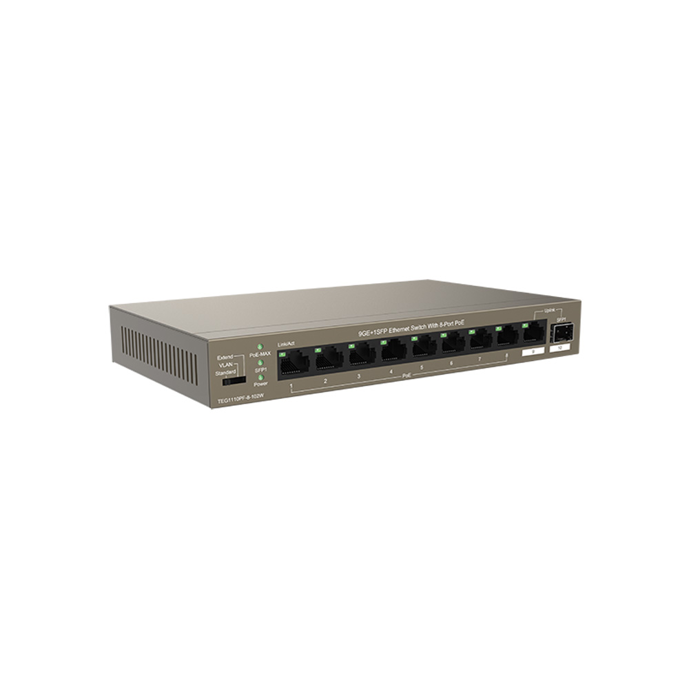 Obrázek Tenda TEG1110PF-8-102W PoE AT switch 8xPoE 802.3af/at + Uplink RJ45 + SFP port, 92W, PoE+, fanless