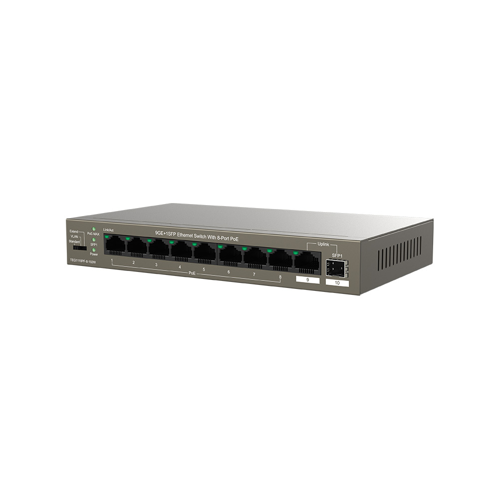 Obrázek Tenda TEG1110PF-8-102W PoE AT switch 8xPoE 802.3af/at + Uplink RJ45 + SFP port, 92W, PoE+, fanless