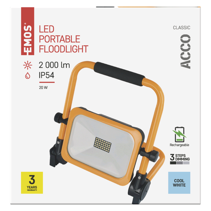 Obrázek EMOS PŘENOSNÝ NABÍJECÍ LED REFLEKTOR ACCO 20W, 2000LM, IP54