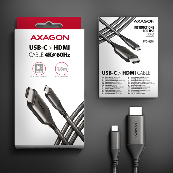 Obrázek AXAGON RVC-HI2MC, USB-C -> HDMI 2.0a redukce / kabel 1.8m, 4K/60Hz HDR10