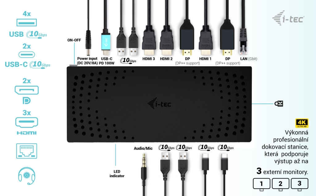 Obrázek i-tec USB 3.0 / USB-C / Thunderbolt, 3x 4K Docking Station Gen 2, Power Delivery 100W