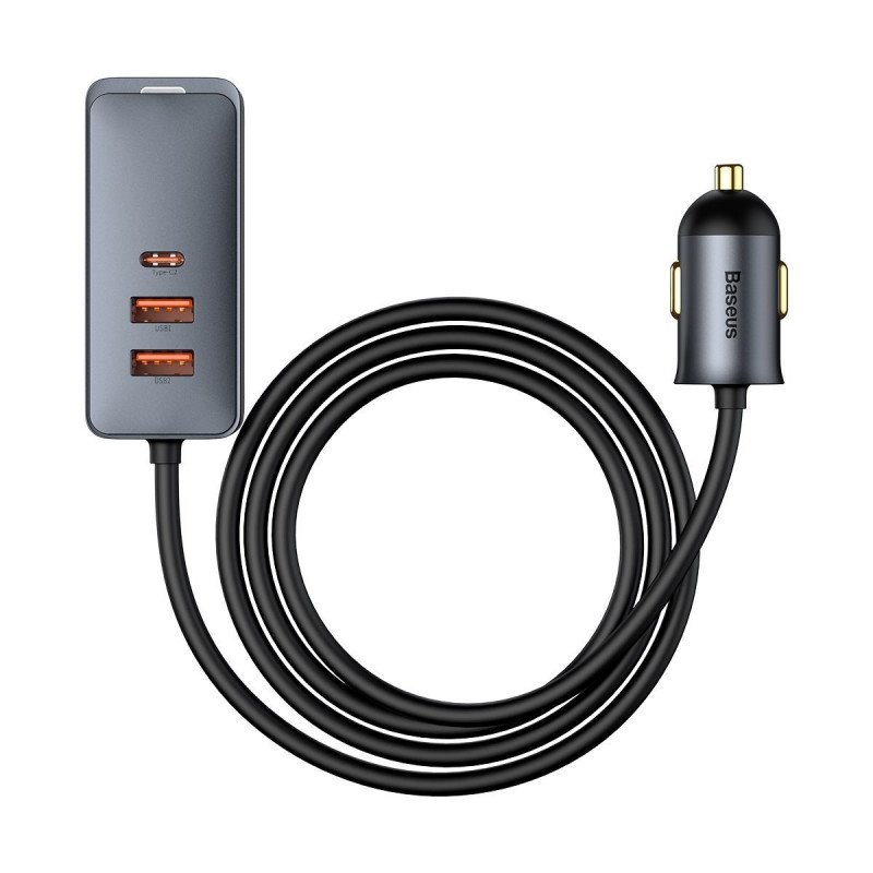 Obrázek Baseus CCBT-A0G Rychlá Nabíječka do Auta s Prodlužovacím Kabelem 120W 3x USB +1xUSB-C Gray